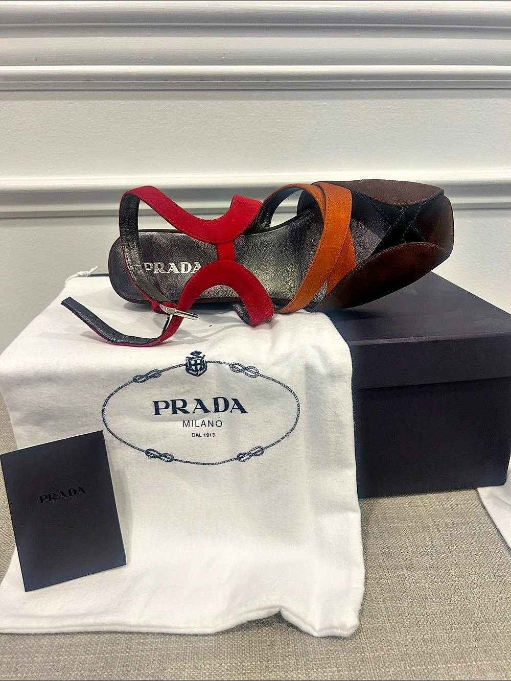 Prada Color Block Strap sandal wedge - beautiful brown, tan & maroon - sz 7.5 - Picture 3 of 4